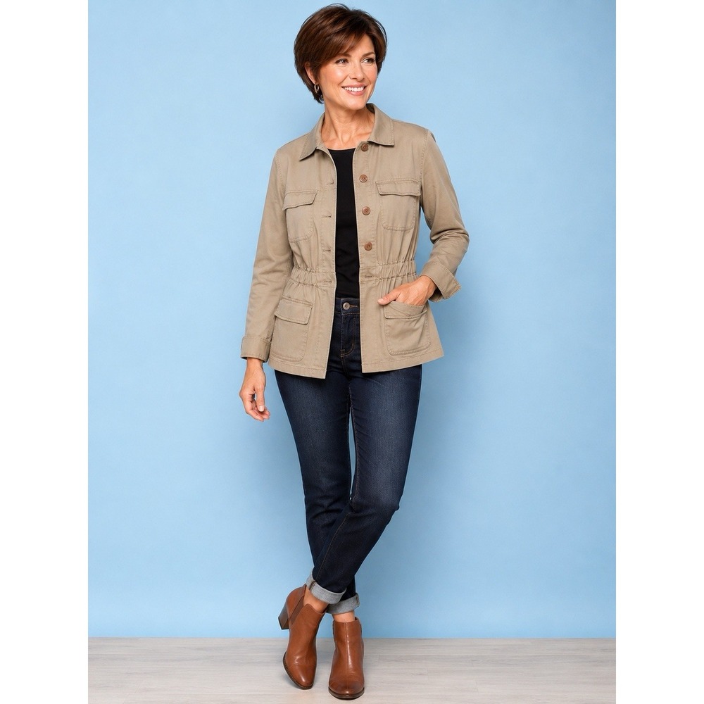 Vintage 1990 Talbots Woman's Small Khaki Safari Utility Jacket Stretch 4 Pockets
